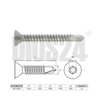 Bohrschrauben mit Senkkopf 4,2 x 19 mm aus Edelstahl V2A Form O DIN 7504 - Torx (TX20)