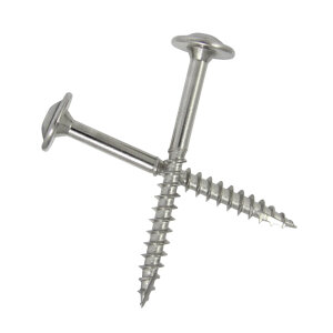 Zwei übereinanderliegende Tellerkopf-Holzbauschrauben mit Schneidkerbe und Durchmesser von 4,5 mm aus Edelstahl V2A von oben