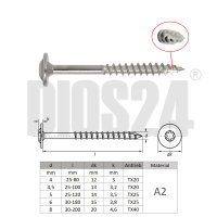 Zwei übereinanderliegende Tellerkopf-Holzbauschrauben mit Schneidkerbe 5,0 x 90 mm aus Edelstahl V2A von oben