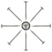 Mehrere Tellerkopf-Holzbauschrauben mit Schneidkerbe 5,0 x 90 mm aus Edelstahl V2A von oben