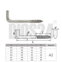 Gerader Schraubhaken in L-Form mit Holzgewinde aus Edelstahl A2 von der Seite in Größe 3,0 x 30 mm mit technischer Skizze, Größentabelle und Wasserzeichen