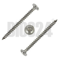 Zwei übereinanderliegende Spanplattenschrauben mit Rundkopf und Vollgewinde 3,0 x 10 mm aus Edelstahl V2A von oben mit Wasserzeichen