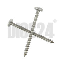 Spanplattenschraube mit Rundkopf und Vollgewinde 3,5 x 30 mm aus Edelstahl V2A von der Seite mit technischer Skizze, Größentabelle und Wasserzeichen