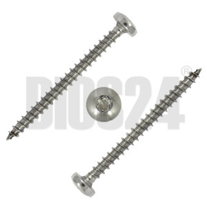 Zwei übereinanderliegende Spanplattenschrauben mit Rundkopf und Vollgewinde 4,5 x 50 mm aus Edelstahl V2A von oben mit Wasserzeichen