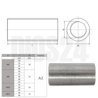 Runde Distanzmuffe aus Edelstahl, M6 x 30 mm mit technischen Skizzen, Größentabelle und DIOS24-Wasserzeichen.