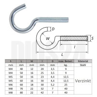 Schraubhaken mit metrischem Gewinde M6 x 60 mm verzinkt von oben mit Größentabelle, technischer Skizze und Wasserzeichen.