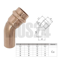 45 Grad Bogen innen-außen stehend aus Kupfer in Größe 15 mm mit technischer Skizze, Größentabelle und Wasserzeichen