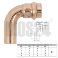 90 Grad Bogen innen-außen stehend aus Kupfer in Größe 22 mm mit technischer Skizze, Größentabelle und Wasserzeichen