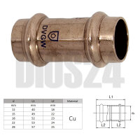 Liegende Muffe von der Seite aus Kupfer in Größe 28 mm mit technischer Skizze, Größentabelle und Wasserzeichen