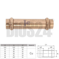 Liegende Schiebemuffe von der Seite in Größe 28 mm mit technischer Skizze, Größentabelle und Wasserzeichen