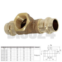 T-Stück mit nach vorne zeigender Öffnung und Innengewinde aus Rotguss in Größe 22 x 3/4 x 22 mm mit technischer Skizze, Größentabelle und Wasserzeichen