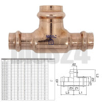 T-Stück reduziert von der Seite nach oben zeigender Öffnung aus Kupfer in Größe 22 x 22 x 18 mm mit technischer Skizze, Größentabelle und Wasserzeichen