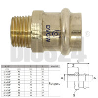 Übergangsstück mit Außengewinde von der Seite aus Rotguss in Größe 22 mm x 1/2 mit technischer Skizze, Größentabelle und Wasserzeichen