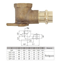 Deckenwinkel aus Rotguss von der Seite in Größe 12 mm x 1/2 mit technischer Skizze und Größentabelle