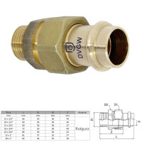 Verschraubung mit Außengewinde aus Rotguss seitlich von vorne in Größe 22 mm x 3/4 mit technischer Skizze und Größentabelle