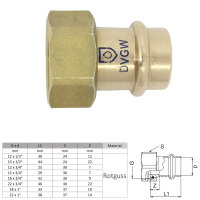 Halbe Verschraubung mit Innengewinde aus Rotguss von der Seite in Größe 12 mm x 3/4 mit technischer Skizze und Größentabelle