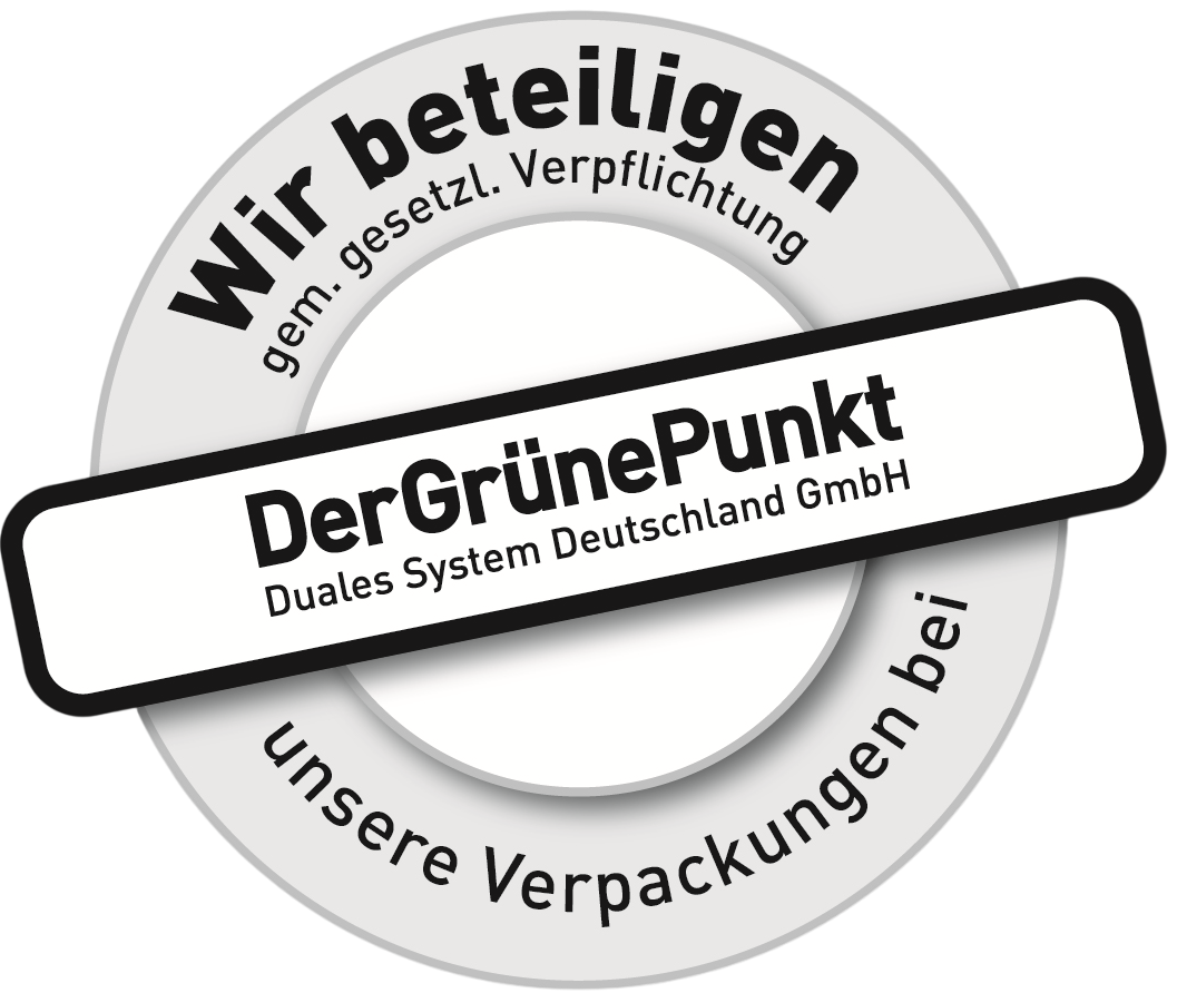 Mit diesem Logo möchten wir zeigen, dass wir Kunde beim Grünen Punkt sind, und damit unseren Pflichten zur Systembeteiligung nach dem Verpackungsgesetz nachkommen wollen.